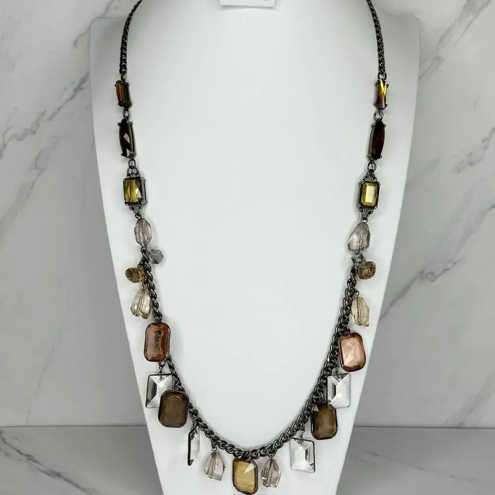 Chico's Faceted Gem Charm Fringe Gunmetal Tone Statement Necklace Earthy ✨